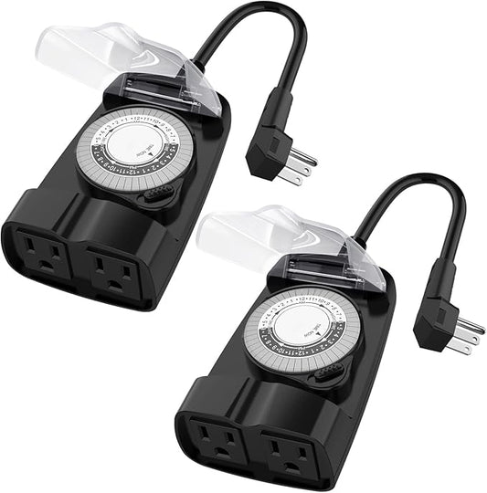 G-Homa 24 Hour Mechanical Outdoor Timer Outlet, Outdoor Timer for Lights, Waterproof, 2 Grounded Outlets, 15A 1/2HP, Heavy Duty, ETL Listed (2 Packs)