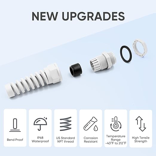 Strain Relief Cord Connector,LISTENJIALE 2Pcs NPT 1" Waterproof Cable Gland Flex Spiral Strain Relief Adjustable 18-25mm Cable Connector Nylon Joint with Gaskets(Grey)