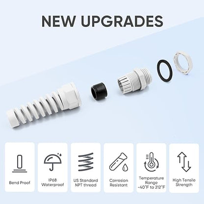 Strain Relief Cord Connector,LISTENJIALE 2Pcs NPT 1/4" Waterproof Cable Gland Flex Spiral Strain Relief Adjustable 4-8mm Cable Connector Nylon Joint with Gaskets(Grey)