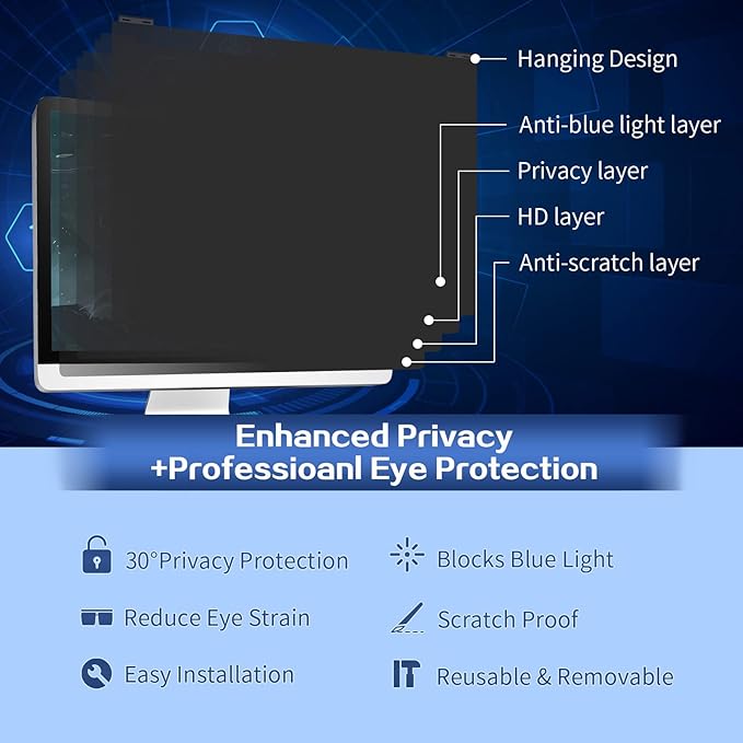Computer Privacy Screen Filter 27 Inch, 9H Hardness Hanging Computer Screen Privacy Shield Compatible with 16:9 Widescreen Monitor, Eye Protection and Blue Light Blocks