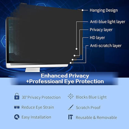 Computer Privacy Screen Filter 27 Inch, 9H Hardness Hanging Computer Screen Privacy Shield Compatible with 16:9 Widescreen Monitor, Eye Protection and Blue Light Blocks