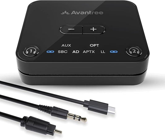Avantree Audikast 3 – Bluetooth 5.3 Transmitter for TV Audio via Optical & AUX Outputs Only, aptX Adaptive, Dual Headphone Connection, 100ft Range – Not for HDMI–Only TVs