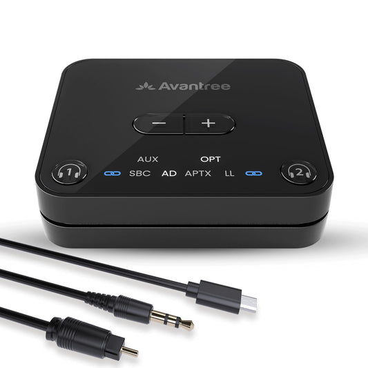 Avantree Audikast 3 – Bluetooth 5.3 Transmitter for TV Audio via Optical & AUX Outputs Only, aptX Adaptive, Dual Headphone Connection, 100ft Range – Not for HDMI–Only TVs