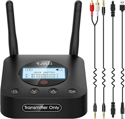 1Mii B06TX+ Long Range Bluetooth 5.2 Transmitter for TV/PC/Projector to 2 Wireless Headphones/Speakers, Bluetooth Adapter for TV w/Screen Display Plug n Play, aptX Low Latency & HD Audio