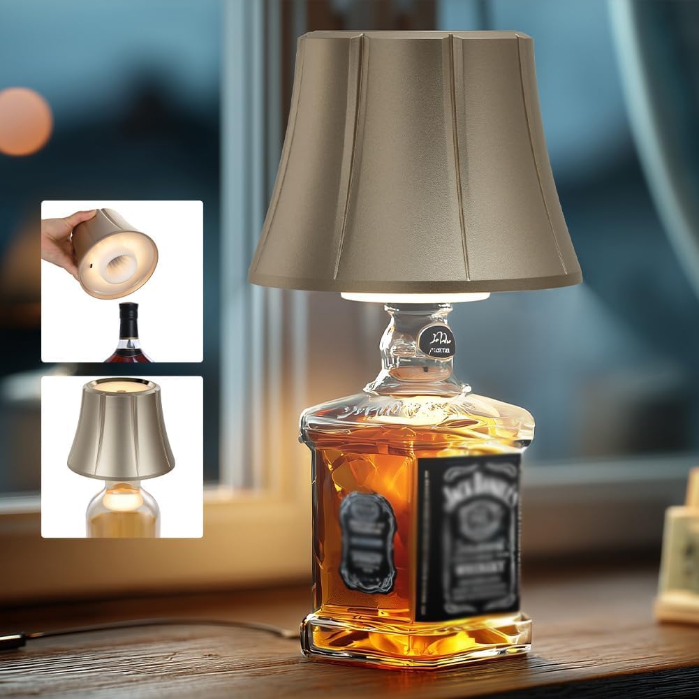 WILIT Wireless Bottle Lamp for Liquor Bottles, 3-Level Brightness LED Night Lights, Wine Lamp for Home Decor, Unique Table Lamp with RGB Lights, Rechargeable Bottle Lights for Bedroom, Black