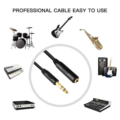 Devinal 6.35mm 1/4" inch TRS Plug Male to 1/4 Female Headphone Guitar Extension Cable Cord, Gold Plated Audio Cable Stereo Extender, 10 feet (3 M)