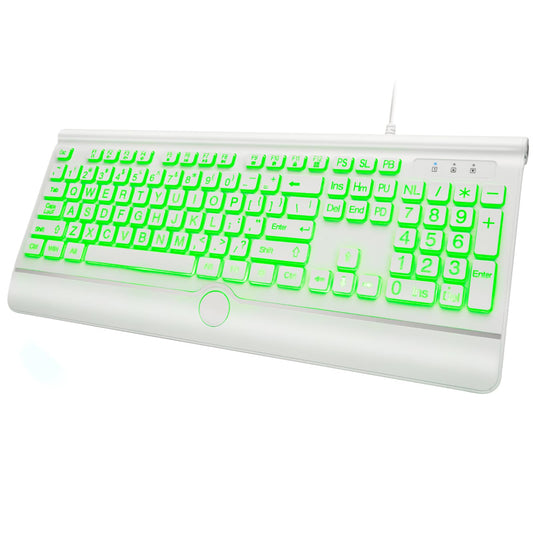 KOPJIPPOM USB Wired Keyboard with Large Print Backlit Keys, 7 Color LED Backlight, Ergonomic Wrist Rest, Spill-Resistant Design, Full-Size Computer Keyboard with Number Pad for PC Desktop Laptop