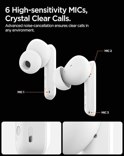Spigen True Wireless Earbuds, Active Noise Cancellation Bluetooth Headphones with 30H Playtime, EQ Customizing App, 6 Mics, Gaming Mode, LCP Graphene Driver - White