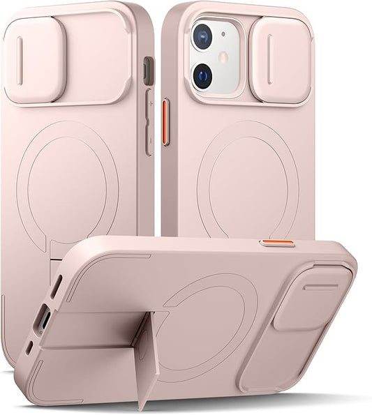 SURITCH for iPhone 12/12 Pro Case with Magnetic Camera Slide Cover and Adjustable Kickstand, Compatible with MagSafe, Shockproof Bumper Case Slim Protective Cover for iPhone 12/12 Pro 6.1 Inch, Pink