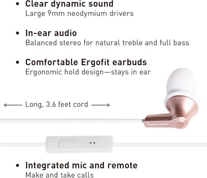 Panasonic ErgoFit Wired Earbuds With Microphone, 3.5mm Jack Headphones with Mic and Call Controller, Ergonomic Custom-Fit Earpieces (S/M/L), for Phones and Laptops - RP-TCM125-N (Rose Gold)