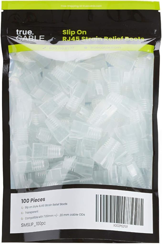 trueCABLE RJ45 Strain Relief Boots, 7.0mm Slip-On PVC Plug Cover, Transparent, 100 Pieces