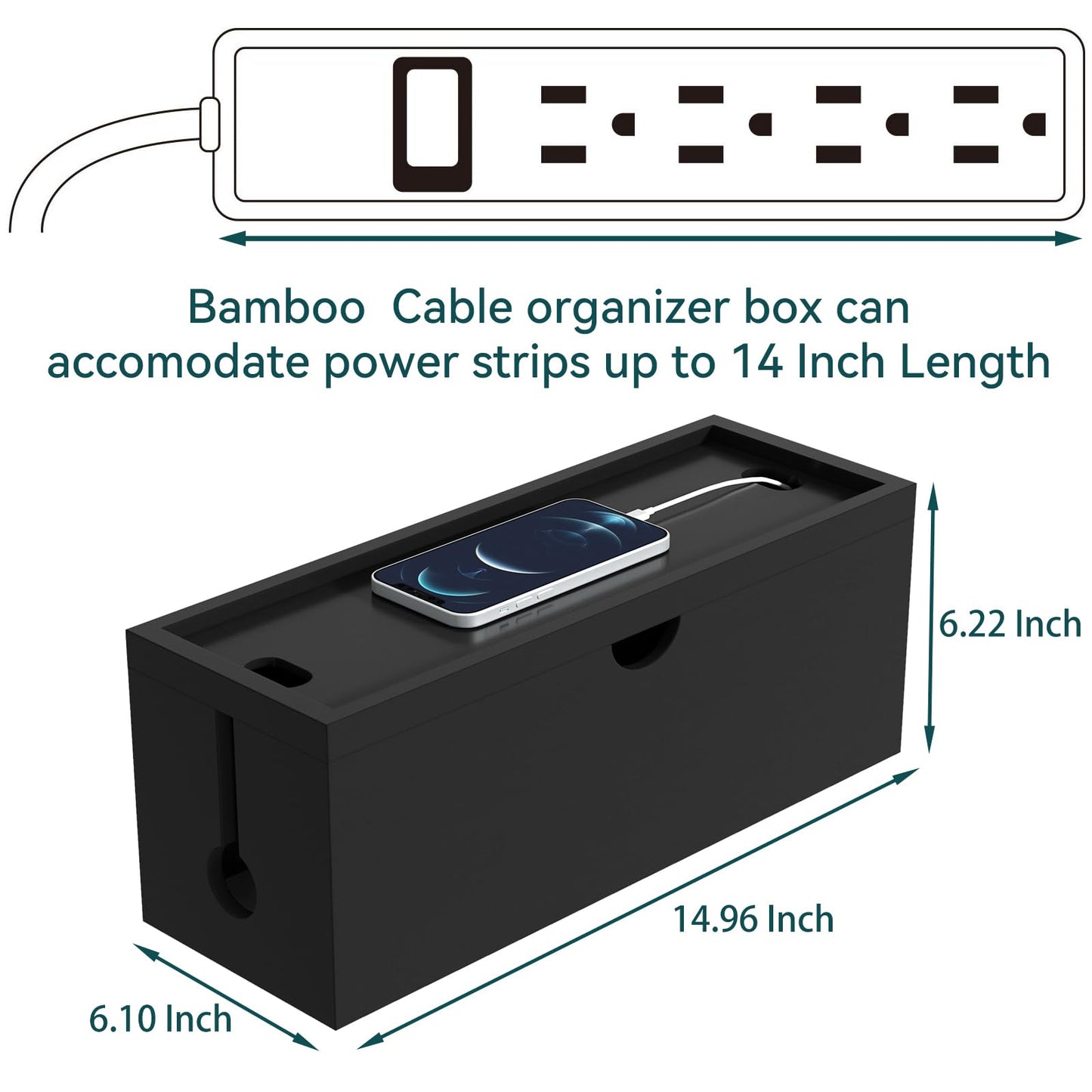 Bamboo Cable Management Box, Large Cord Organizer Box Cable Box to Hide Wires & Power Strips for Desktop Storage Cord Holder for Office Home,No Assembley Required (All Black, Large)
