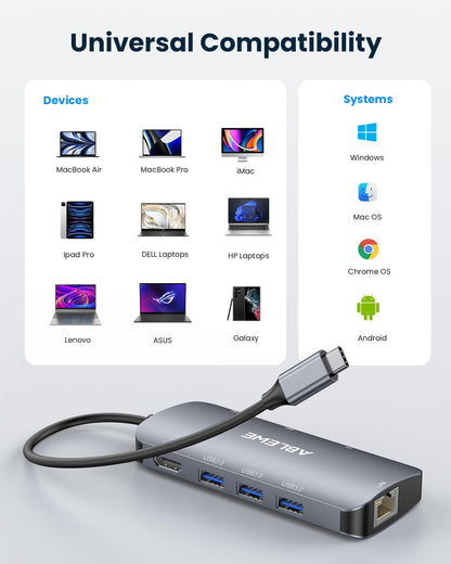 ABLEWE USB C Hub Ethernet 8-in-1, Multiport USB C to HDMI Hub, 4K@60Hz,1000Mbps, 100W PD, 3 USB 3.0 Ports, Docking Station Compatible with MacBook Pro/Air, Tablet, Phone, Type C Devices