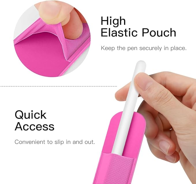 MoKo Pencil Holder Sticker Fit Apple Pencil Pro, Apple Pencil (USB-C), Apple Pencil 1st/2nd Generation, Elastic Pencil Pocket Pouch Adhesive Sleeve Attached to iPad Case for Stylus Pens, Persian Pink