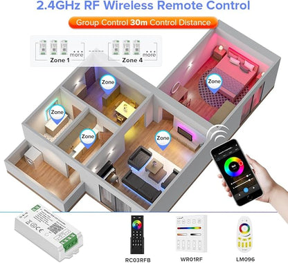 BTF-LIGHTING C03RF Tuya Controller Support PWM 5050SMD FCOB COB RGB (+ R G B) 4pin LED Strip String Support with WR01RF RC03RFB RF Remote DC5V/DC12V/DC24V Max 12A Indoor Use Only(NO Remote NO Power)