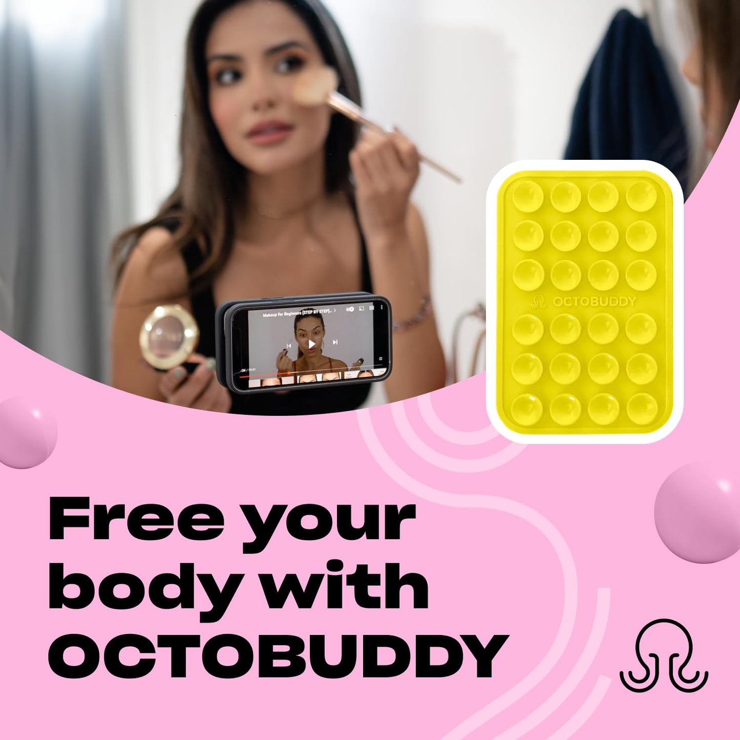 OCTOBUDDY Classic MAX - Silicone Suction Phone Case Adhesive Mount - Hands-Free, Strong Grip Holder for Selfies and Videos - iPhone and Android Compatible - 2.6″ x 3.9″, Canary Yellow