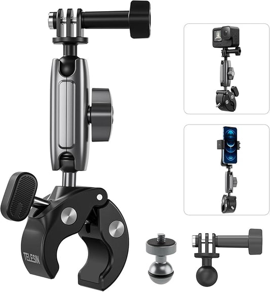 TELESIN Super Clamp Camera Mount with 360° Dual Ball Head, Bike/Bicycle/Motorcycle Handlebar Mount for GoPro Mission 1 PRO/DJI Osmo Pocket 4 3/ DJI Action 6 5 4/ Insta360 Luna Ultra/Xtra Muse Camera