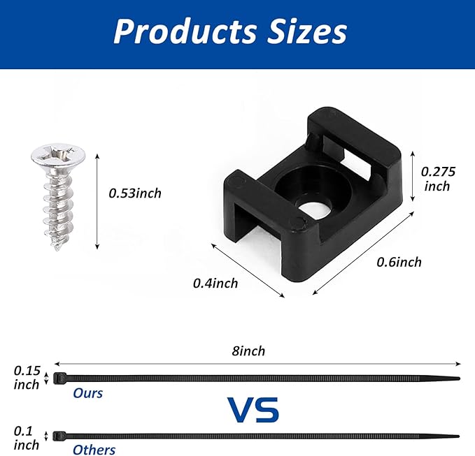 Cable Zip Tie Mounts Kit - 240 Set Wire Cable Clips Organizer Holders with 8" Cable Ties, Saddle Type Mounts Base and Tapping Screw, Black