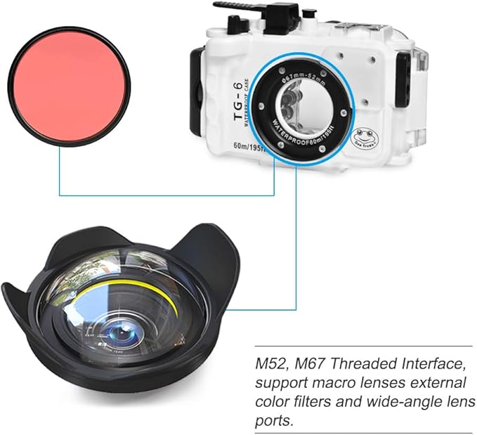 Seafrog WPC-TG6 Waterproof housing case Underwater Diving 195FT/60M Works for Olympus TG-6 Cameras White(Housing + Red Filter)