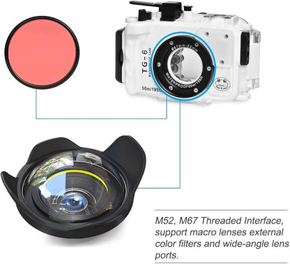 Seafrog WPC-TG6 Waterproof housing case Underwater Diving 195FT/60M Works for Olympus TG-6 Cameras White(Housing + Red Filter)