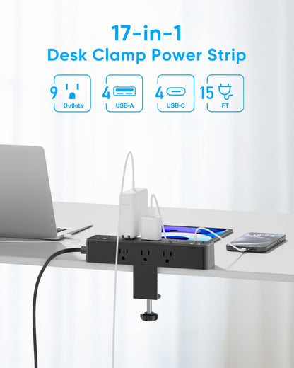 Flat Plug Desk Clamp Power Strip 15FT, 40W Total Fast Charging Station, Dual PD 20W USB C Ports, Desk Edge Mount Power Strip 9 AC Outlets 8 USB Ports(4 USB C) Surge Protector, Fit 1.7" Tabletop Edge