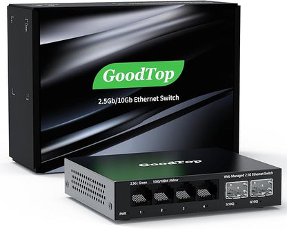 6 Port 2.5Gb Web Managed Switch,4 x 2.5GbE Ports,2 x 10G SFP+,Web Managed with Link Aggregation/VLAN/QOS, Metal Fanless Home Lab Network Switch