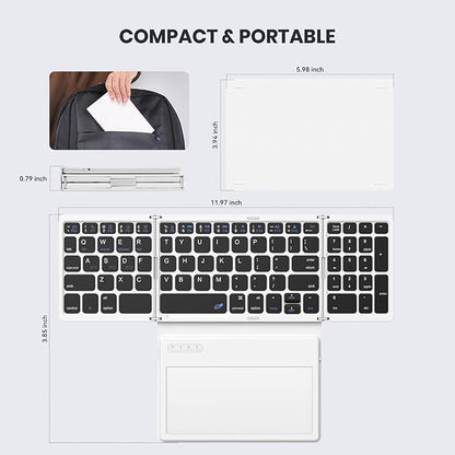 Foldable Bluetooth Keyboard, Portable Full Size Folding Keyboard with Large Touchpad, Numeric Keypad, PU Leather, Wireless TravelKeyboard for Windows iOS Android Mac(Black-White)
