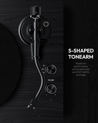 SoulBox S1 Vinyl Record Player with Stereo Speakers, Turntable with Built-in Preamp, S-Shaped Tonearm, 33/45 RPM - Black