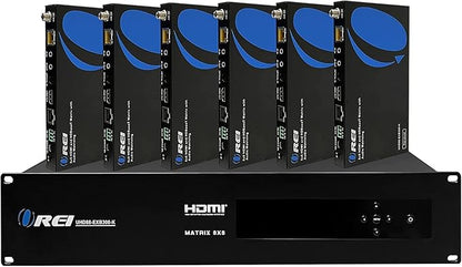 OREI 8X8 4K HDMI Matrix Switcher Extender - HDBaseT UltraHD 4K @ 60Hz 4:4:4 Over Single CAT5e/6/7 Cable with HDR, CEC & IR Control, RS-232 - Up to 400 Ft - Additional 8 Loop Out - 8 Receivers