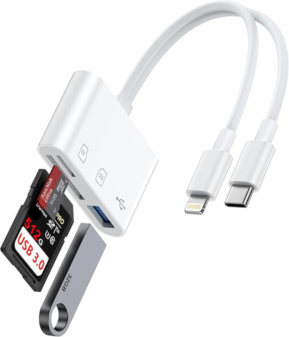 SD Card Reader for iPhone, iPad, Samsung, Memory SD Card Reader USB C&Lightning Dual Port Micro SD Card Reader with USB Camera Adapter Plug and Play Trail Game Camera Card Viewer Supports SD/TF Card