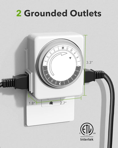 HBN Outlet Timer for Electrical Outlets Indoor, 24 Hour Mechanical Light Timers for Lamps, Dual 2-Prong Plug-in Outlets, 15-Minute Intervals, Heavy Duty Daily Cycle, 2 Pack