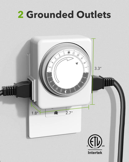 HBN Indoor Outlet Timer, 24 Hour Mechanical Plug Dual Outlets 2 Pack