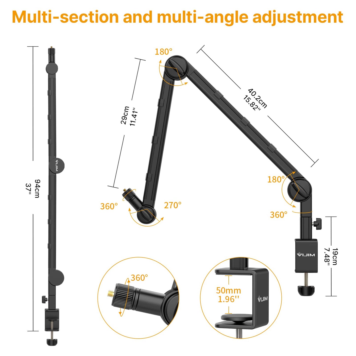 PICTRON VIJIM LS25 Camera Desk Mount, Flexible Overhead Webcam Stand with Boom Arm, Table C-Clamp Suitable for Photography Videography Live Stream