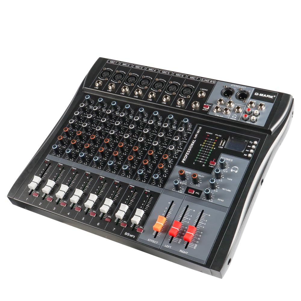 G‑MARK MR80S 8‑Channel Analog Audio Mixer, USB Bluetooth Mixing Console with 48V Phantom Power & Reverb Effect, Sound Board Controller for PC Recording, Stage DJ, Live Streaming & Studio