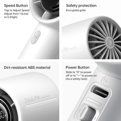 JISULIFE Handheld Turbo Fan, 5000mAh Rechargeable Portable Fans,Up to 28 Hours Working,5 Speed Strong Wind,Personal Mini Fan for Travel Outdoor Camping Beach Makeup（Gray）