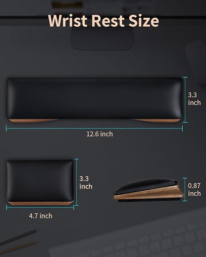 ASFSKY Keyboard and Mouse Wrist Rest Set - Memory Foam & Wooden Base Ergonomic Wrist Support Pad with PU Leather Cover, Non-Slip, Durable & Easy-to-Clean Wrist Cushion for Office, Gaming Desk