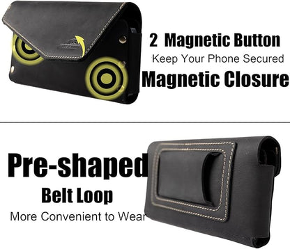 Topstache Leather Phone Holster with Belt Loop, Magnetic Closure Cell Pouch, Handmade Leather Holder for iPhone 14 Pro Max (Fits with Otterbox Case), XL, Black