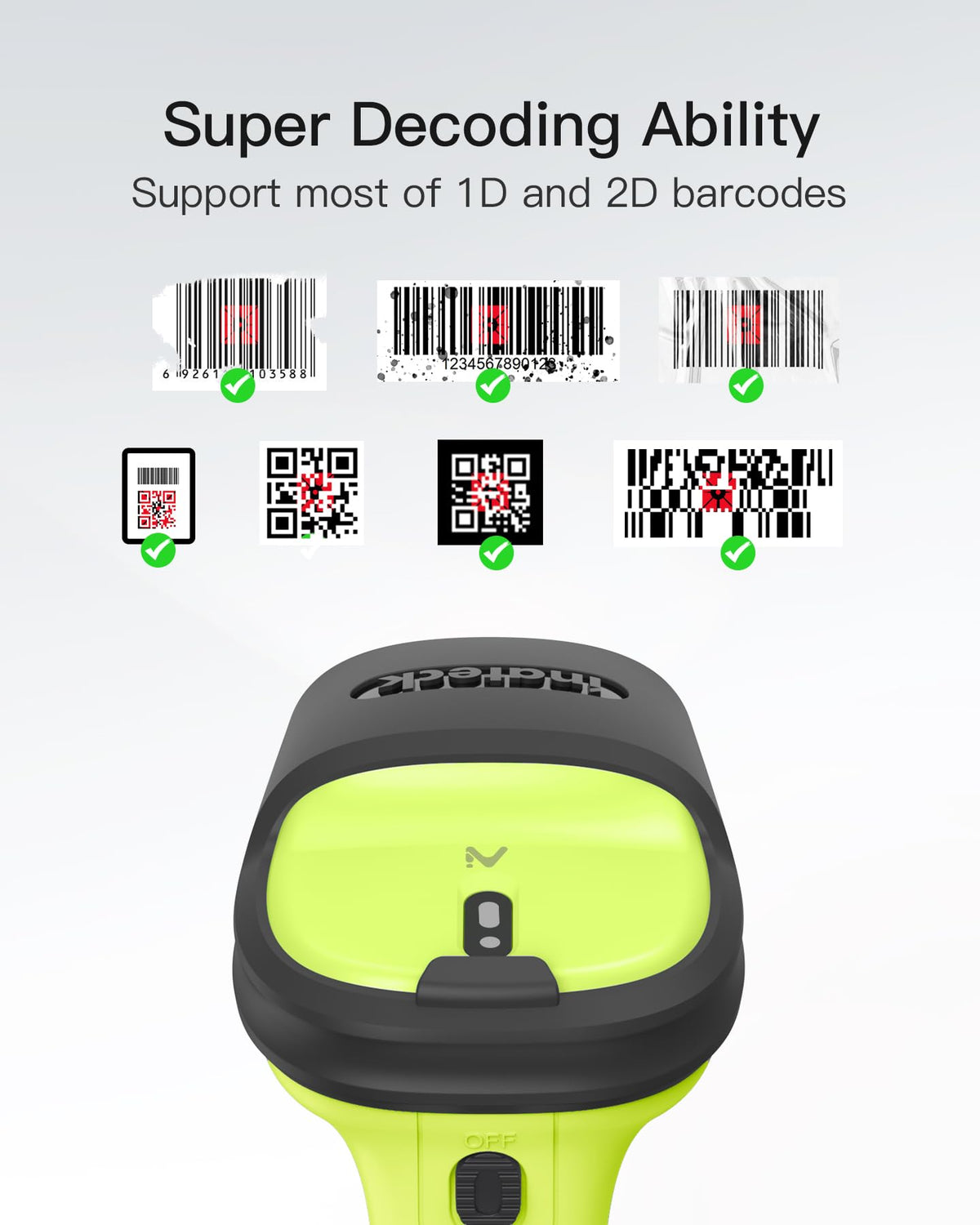 Inateck 2D Barcode Scanner, Wireless Bluetooth QR Reader, 2600mAh Battery, AI APP & SDK