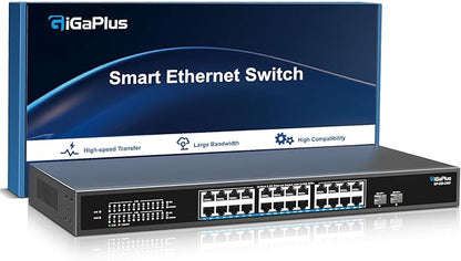 26 Port 2.5Gb Unmanaged Ethernet Switch with 24* 2.5G Base-T Ports, 2* 10G SFP+ Ports. GiGaPlus 2.5Gbps Network Switch for 2.5Gbps NAS/PC, WiFi6 Router, Wireless AP. Fanless Design, Plug and Play