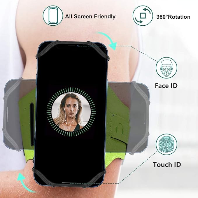 VUP Running Armband 360°Rotatable for iPhone 13/Pro Max/Pro/Mini/12/11/SE/Xs/XR/X/8/7/Plus, Fits All 4-6.7 Inch Smartphones, with Key Holder Phone Armband for Running Hiking Biking (Green)