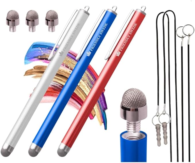 The Friendly Swede Mesh Tip Stylus Pen for Touchscreen — 3-Pack Micro-Knit Capacitive Stylus Pen for iPad & iPhone with 3 Replaceable Fiber Tips, Elastic Lanyards & Screen Cleaning Cloth