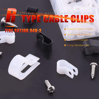 Hilitchi 132 Pcs 6 Sizes Black and White Plastic Cable Clamp R Type Screw Mounting Cord Fastener Cable Clips Assortment Kit with Screws for Wire Management Cable Conduit (Clips from 6mm to 23mm)