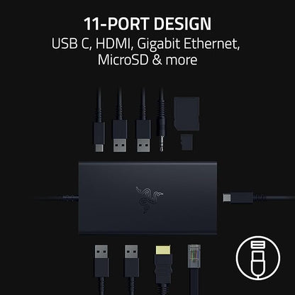 Razer USB C Dock 11-Port Travel Charging Station for Windows Mac Laptop iPad Surface Chromebook Galaxy Tab: Type C, HDMI, Ethernet, MicroSD - 4K 60 Hz Display - 85 W Tablets + Mobile Fast Charge