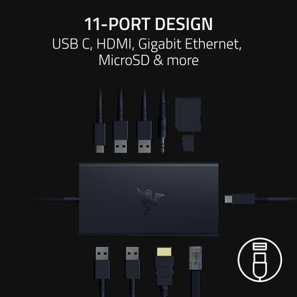 Razer USB-C Dock, 11-in-1 Portable Travel Hub, 85W, Black