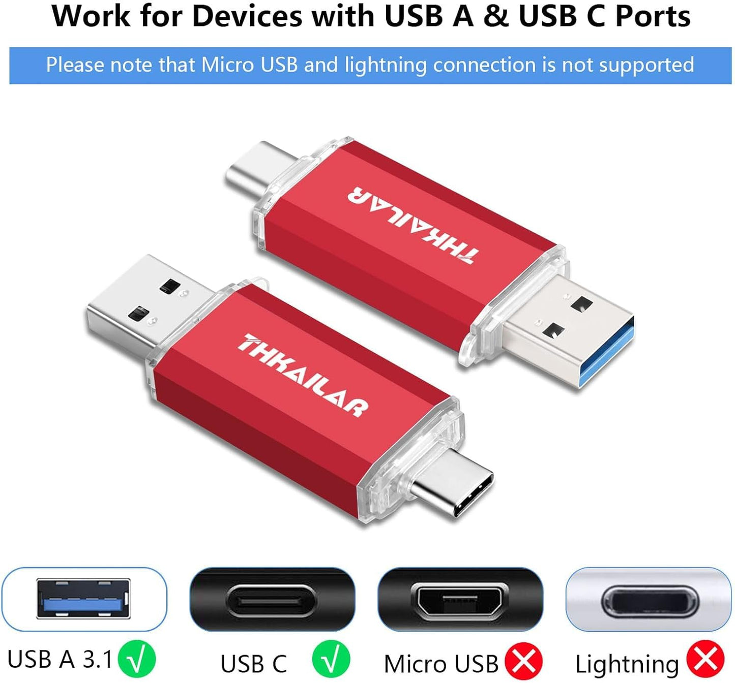 Thkailar USB C Flash Drive 256GB for Android Phone,Mac Pro,PC