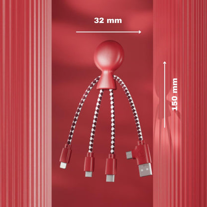 Xoopar Multi USB Cable 4 in 1 - Universal Charger Made from Recycled Plastic - USB, USB-C, Lighting, Micro USB Ports - Compatible with All Smartphones Mr Bio RED Octopus