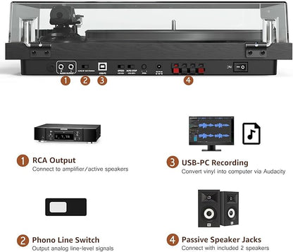 Udreamer Vinyl Record Player, Turntable with 40W Speakers, Bluetooth Input Output and USB Record, Vintage LP Player with AT-3600L Cartridge, Built-in Phono Preamp, Counterweight and Pitch, Black