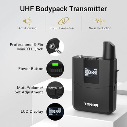 TONOR Wireless Microphones System with UHF Headset/Lavalier Lapel Mics, Bodypack Transmitter, Receiver, 4 * 10 Channels, 200ft Range for Church Conference Performance Singing Karaoke PA Speaker Mixer