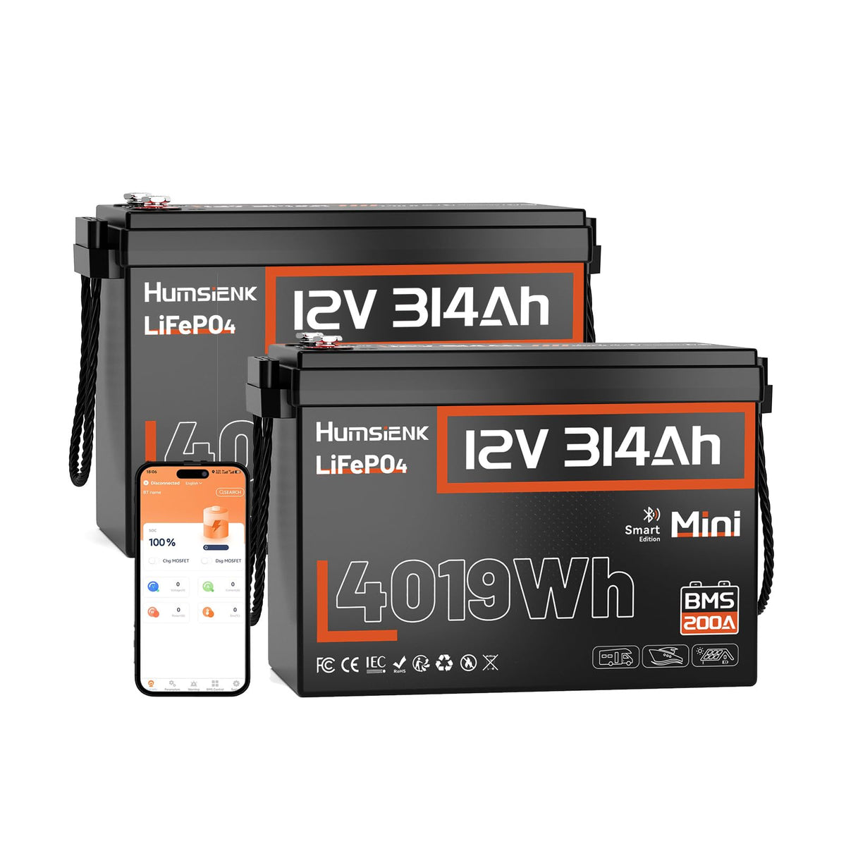 HumsiENK 2 Pack 12V 150Ah LiFePO4 Lithium Battery Bluetooth, BCI Group 31