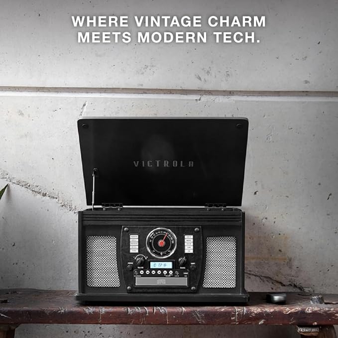 Victrola Navigator 8-in-1 Bluetooth Record Player with Built-in Speakers– 3 Speed Turntable, CD Player, Cassette, FM Radio, USB, RCA Out, Headphone Jack, Wireless Music Streaming, Real Wood (Espresso)